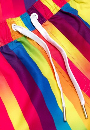 Shorts de bain colorés avec des rayures verticales en rouge, orange, jaune, vert, bleu et violet ; cordon blanc avec embouts métalliques.