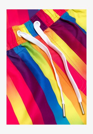 Šareni kupaći šortsi s vertikalnim prugama u crvenoj, narančastoj, žutoj, zelenoj, plavoj i ljubičastoj boji; bijela vezica s metalnim vrhovima.