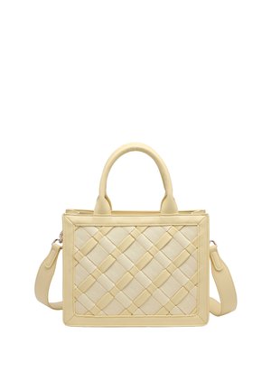 Borsa rettangolare beige con pannello frontale intrecciato, doppio manico superiore e tracolla removibile su sfondo bianco.