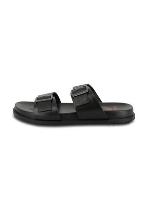 Black slide sandals with two adjustable straps featuring square buckles. Made of smooth material with a flat, textured sole for grip.