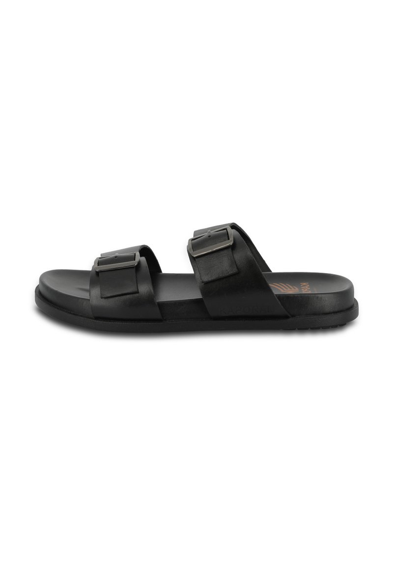 Black slide sandals with two adjustable straps featuring square buckles. Made of smooth material with a flat, textured sole for grip.