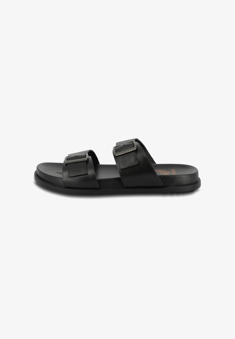 Black slide sandals with two adjustable straps featuring square buckles. Made of smooth material with a flat, textured sole for grip.