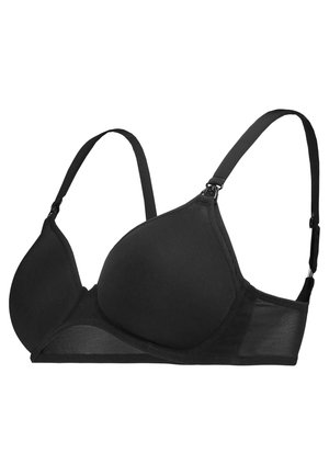 Zwarte, gevoerde beha van gladde stof, met verstelbare bandjes en een doorschijnende mesh inzet aan de zijkant. Voorzien van een haak-en-oogsluiting.