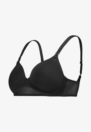 Schwarzer, gepolsterter BH aus glattem Material, mit verstellbaren Trägern und einem transparenten Mesh-Einsatz an der Seite. Mit Haken- und Ösenverschluss.