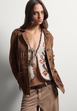 Stefanel, FRINGE JACKET, REGULAR FIT.. - Leren jas - leather brown