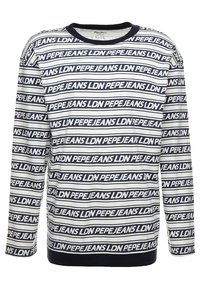 Pitkähihaisen neuleen värit ovat tummansininen ja valkoinen, ja siinä on raidallinen kuosi sekä teksti "PEPE JEANS LDN". Neuleessa on ribbireunus kauluksessa ja hihoissa, ja se on normaalin mallinen.