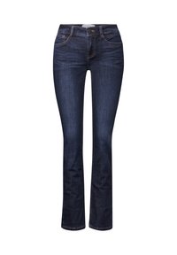 Mörkblå denimjeans med rak benform, med sydda fickor och knappstängning fram. Slät yta, klassisk passform.
