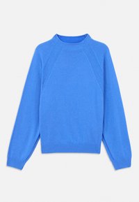 Blå strikket genser med høy hals, raglanermer og ribbestrikkede mansjetter. Jevn tekstur og ensartet farge, uten synlige mønstre eller detaljer.