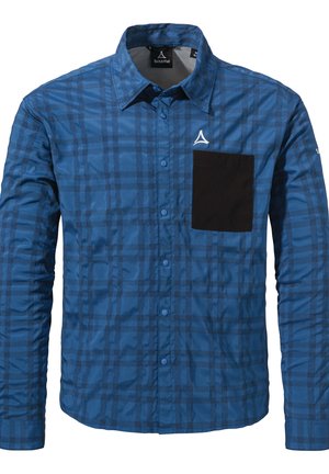 Ein langärmliges Hemd mit blauem Karomuster, das eine schwarze Brusttasche, einen Knopfverschluss und ein Logo am Kragen aufweist. Aus leichtem Stoff gefertigt.