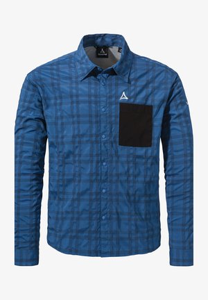 Ein langärmliges Hemd mit blauem Karomuster, das eine schwarze Brusttasche, einen Knopfverschluss und ein Logo am Kragen aufweist. Aus leichtem Stoff gefertigt.