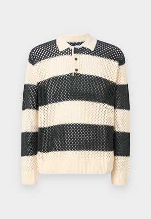 Strikpullover med skiftende store marineblå og creme striber, polo krave og tre knaplukning. Tekstureret mesh stof.
