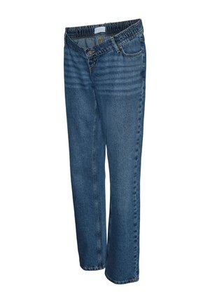 Zili taisnās kājas džinsa bikses ar priekšējām kabatām, pogu aizdari un jostas cilpām, attēlotas bez modeļa.