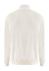 Sudadera blanca de pullover fabricada con material suave, con cuello alto, mangas largas y puños y dobladillo acanalados. Diseño minimalista, color sólido.
