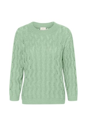 Hellgrüner Kabelstrickpullover mit Rundhalsausschnitt und drei Viertel langen Ärmeln. Verfügt über ein strukturiertes, luftiges Muster.