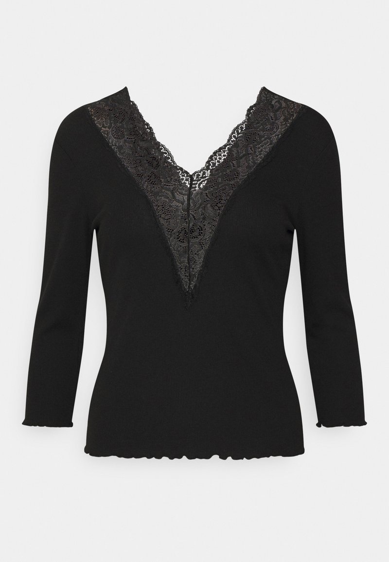 Black long-sleeve top with a deep V-neckline, featuring intricate black lace trim and a scalloped hem. Smooth texture and fitted design.