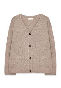 Beige cardigan made of textured fabric, featuring a deep V-neck, long sleeves, and brown buttons down the front. Horizontal ribbing detail.