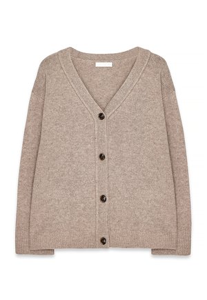 Beige cardigan made of textured fabric, featuring a deep V-neck, long sleeves, and brown buttons down the front. Horizontal ribbing detail.