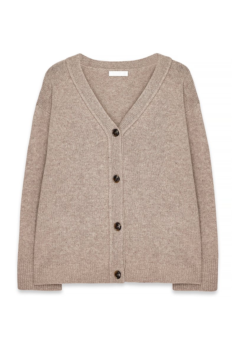 Beige cardigan made of textured fabric, featuring a deep V-neck, long sleeves, and brown buttons down the front. Horizontal ribbing detail.