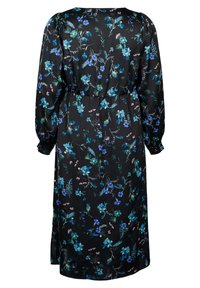 Long-sleeve black dress made of smooth fabric, featuring a floral pattern in blue and green, with a gathered waist and side slits.