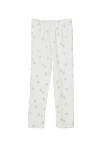 White cotton leggings with a polka dot pattern in light gray. Features an elastic waistband and seamless stitching. Skinny fit design.