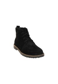 Musta mokkanahkainen nilkkurit pyöreällä kärjellä, nauhallisella mallilla, pehmeällä sisävuorella ja ruskealla kuvioidulla kumipohjalla, jossa on korkkikorostus.