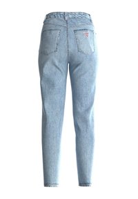 Lichtblauwe spijkerbroek met een hoge taille, taps toelopende pijpen en twee achterzakken met een logo-opdruk op de rechterzak.