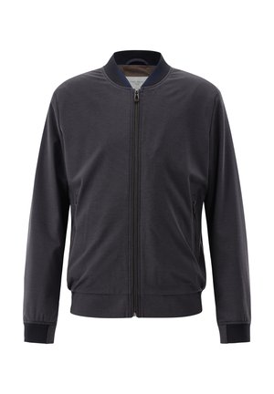 Dunkelgraue Herren-Bomberjacke mit Frontreißverschluss, geripptem Kragen, Bündchen und Saum, abgebildet auf weißem Hintergrund.