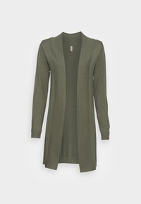 Oliven grøn cardigan med ribstrikket halsudskæring og manchetter, lange ærmer, åben front og en glat tekstur.