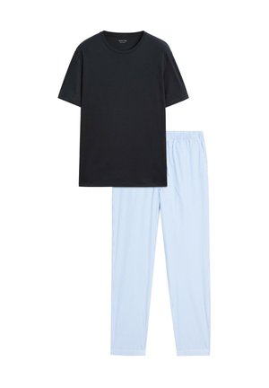Black cotton t-shirt with a round neckline paired with blue and white striped cotton pajama pants featuring an elastic waistband.