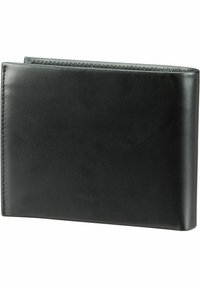 Portefeuille en cuir noir avec une texture lisse, design bi-fold et couture contrastante sur les bords. Forme rectangulaire compacte.