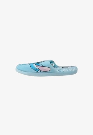 Pantofole azzurre chiare con design di personaggio dei cartoni animati, apertura sul retro, morbido tessuto e suola texturizzata per una presa migliore.