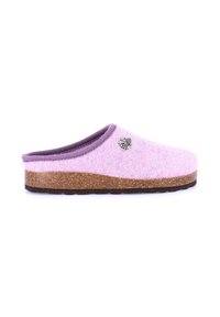 Zoccoli slip-on rosa in feltro con suola in sughero, caratterizzati da un bordo testurizzato lavanda e un piccolo logo metallico sul lato.