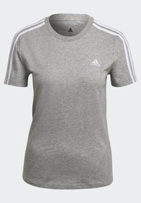 Hall värvi lühikeste varrukatega T-särk, mis on valmistatud puuvilla segust, millel on valged kolmanda riba aktsendid õlgadel ja väike valge Adidas logo rinnal.