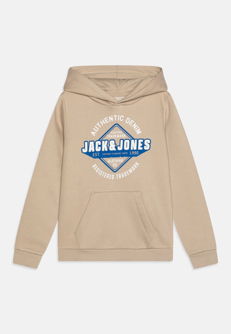 Bež dukserica s kapuljačom i kenguruzim džepom, s plavo-bijelim grafičkim otiskom na kojem piše "JACK & JONES" i "AUTHENTIC DENIM."