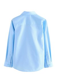 Camicia azzurro chiaro a maniche lunghe, texture liscia, polsi con bottoni, colletto classico e orlo arrotondato. La vista posteriore non presenta motivi o loghi.