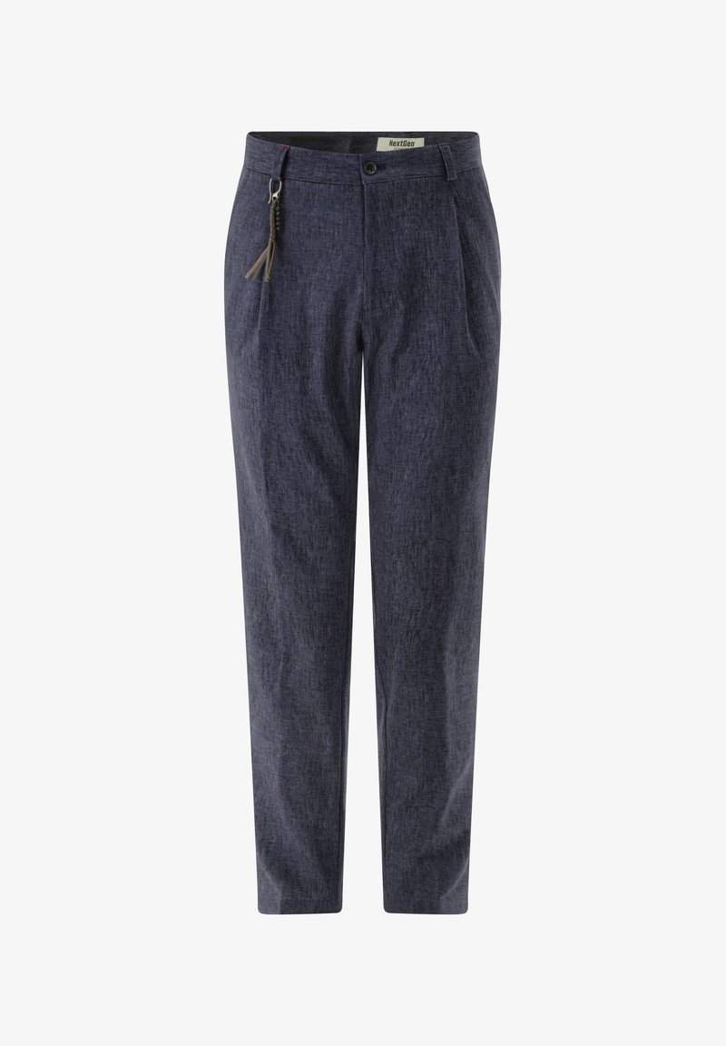Navy blue, textured trousers with a straight fit, pleats at the front, and a side zipper accented by a decorative tassel.