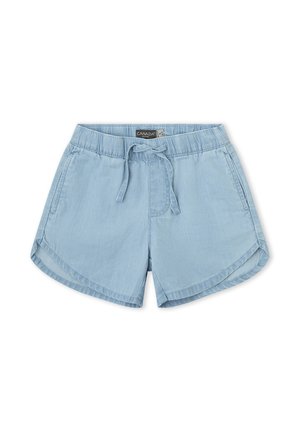 Shorts casuales de color azul claro con cintura elástica, cordón ajustable, bolsillos laterales y dobladillos curvados.