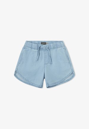 Shorts casuales de color azul claro con cintura elástica, cordón ajustable, bolsillos laterales y dobladillos curvados.