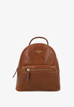 Brown leather backpack with a rounded shape, front zipper pocket, and gold accents. Features a top handle for carrying.