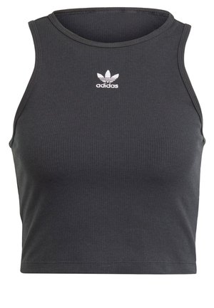 Svart ribbet crop topp med rund halsutskjæring, med en hvit Adidas-logo på brystet. Laget av elastisk stoff for komfort.