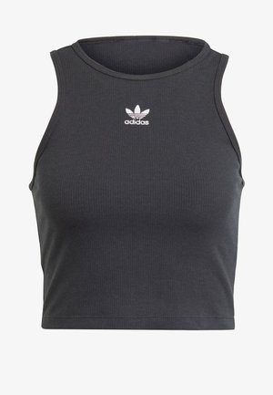 Črn rebrast top s kratkimi rokavi in okroglo izrezom, ki ima belo Adidasovo logo na prsih. Narejen je iz raztegljive tkanine za udobje.