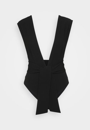 Black swimsuit with a deep V-neck design, wide shoulder straps, and a tied accent at the waist. Smooth texture and form-fitting shape.