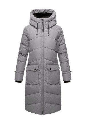 Szürke párnázott kabát kapucnival, cipzáras elülső résszel és két zsebburkolattal. Jellemzője a varrás részletek és az elasztikus mandzsetta a megnövelt melegség érdekében.