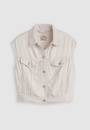 Cropped denim vest in off-white, featuring a classic collar, front pockets with flaps, and silver-tone buttons. Smooth texture.