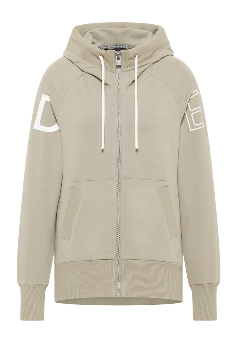 Felpa con zip in cotone leggero beige, dotata di tasche frontali, cappuccio e lettere bianche stampate sulle maniche. Tessuto morbido, vestibilità regolare.