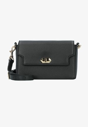 Borsa a tracolla in pelle nera con finitura testurizzata, hardware dorato e chiusura a pattina. Include una tracolla regolabile.