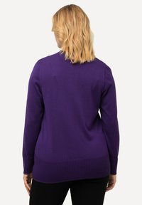 Lila stickad tröja med långa ärmar, ribbad nederkant och en avslappnad passform. Vy från baksidan som visar den släta texturen och den rena designen.