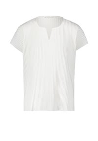 Top bianco a pieghe con maniche corte, scollatura rotonda e una fessura centrale. Realizzato in tessuto leggero, con un motivo testurizzato.