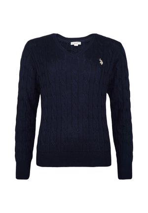 Maglione lavorato a maglia blu navy con scollo a V, maniche lunghe e polsini a coste. Presenta un piccolo logo ricamato sul petto.