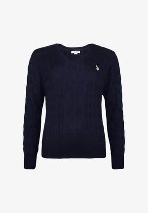 Maglione lavorato a maglia blu navy con scollo a V, maniche lunghe e polsini a coste. Presenta un piccolo logo ricamato sul petto.